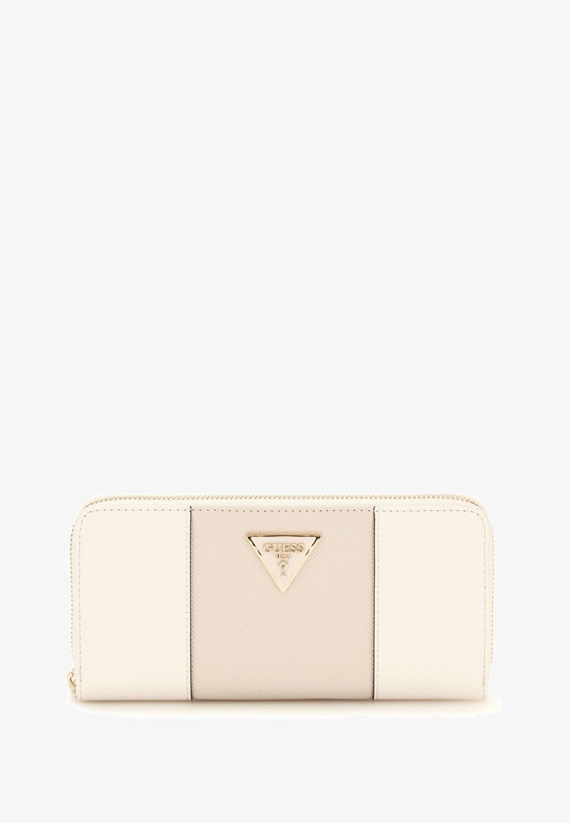 White leather wallet with textured accents, featuring a triangular gold logo, zip closure, and a minimalist design.