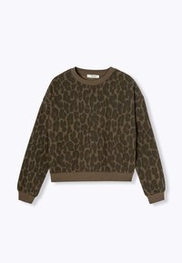 Sweatshirt à imprimé léopard marron avec col rond, poignets et ourlet côtelés, et coupe courte. Fabriqué en tissu doux.