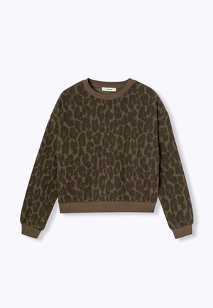 Sweatshirt à imprimé léopard marron avec col rond, poignets et ourlet côtelés, et coupe courte. Fabriqué en tissu doux.