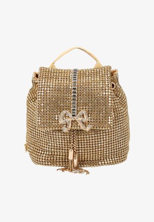 Kleine gouden handtas bedekt met fonkelende strasstenen, met een juwelen strik en kwastdetail op de voorflap en een kort bovenhandvat.