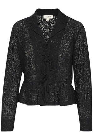Blusa nera in pizzo con maniche lunghe, orlo peplo e dettaglio del collo legato. Motivo floreale intricata su tutto il tessuto.