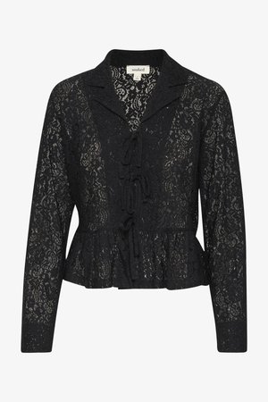 Črna čipkasta bluzica z dolgimi rokavi, peplum spodnjim delom in vezanjem na vratu. Zapleten cvetlični vzorec po celotni tkanini.