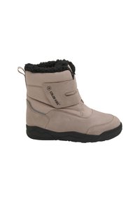 Brun vinterkänga med mockamaterial, justerbara kardborreband, en texturerad svart konstpälskrage och en hållbar svart gummisula.