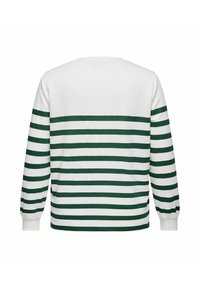 Haut à manches longues blanc avec des rayures horizontales vert foncé. Il a un col rond et des poignets côtelés. Matériau doux avec une coupe décontractée.