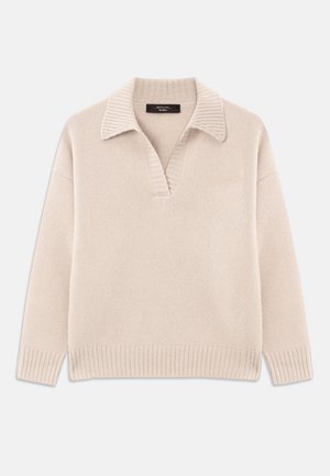 Pull en beige tricoté avec un col en V et un col côtelé. Il possède des manches longues et un ourlet côtelé. Texture douce.
