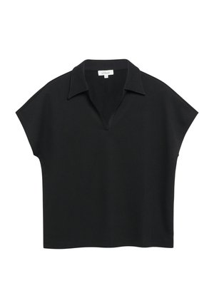 Haut en maille noir à manches courtes avec col et décolleté en V profond, placé à plat sur un fond blanc.