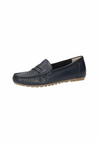 Dunkelblaue Lederloafers mit runder Zehenpartie, dekorativer Naht und Gummisohle mit strukturierten Rillen für besseren Grip.