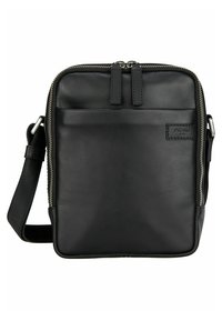 Borsa a tracolla in pelle nera con una texture liscia, chiusura con cerniera, tasca frontale, tracolla regolabile e una piccola patch con logo.