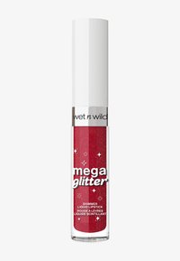 Rouge à lèvres liquide pailleté rouge dans un tube transparent avec un bouchon blanc, étiqueté "mega glitter" et décoré de petites étoiles.