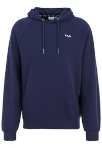 Felpa blu navy realizzata in materiale morbido, con cappuccio regolabile, polsini e orlo a coste, dotata di un piccolo logo bianco sulla parte anteriore.