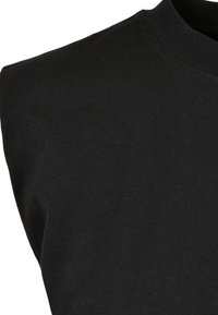 Svart ermeløs topp med rund hals og en glatt, elastisk tekstur. Ingen synlige mønstre eller hardware-detaljer.