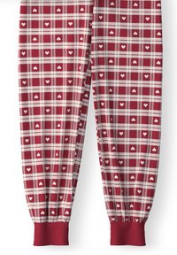 Rood-wit geblokte pyjamabroek met hartpatronen, voorzien van elastische boorden en zachte stof voor comfort.