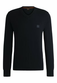 Svart V-ringad tröja i bomullsblandning med långa ärmar, med en fyrkantig logotypapplikation och ribbade muddar och nederkant. Slät textur över hela plagget.