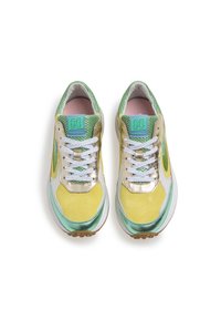Multicolored sneakers featuring yellow and green suede with metallic gold accents, white laces, mesh detailing, and rubber soles.