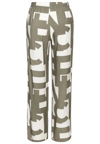 Wide-leg pants in olive green and white. Features large bold lettering, elastic waistband, smooth texture, and full-length cut.