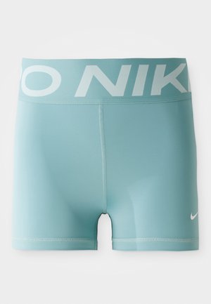 Light blue athletic shorts made of stretchy material. Features a wide waistband with "NIKE" logo and a small white swoosh on the side.