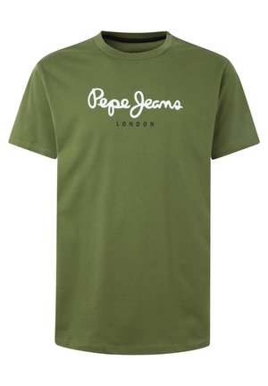 Olivgrünes T-Shirt mit kurzen Ärmeln, weißen "Pepe Jeans“-Text und schwarzem "LONDON“-Text mittig auf der Brust.