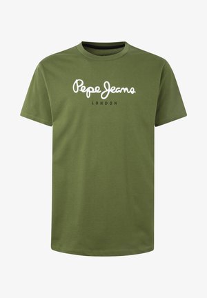 Olivgrünes T-Shirt mit kurzen Ärmeln, weißen "Pepe Jeans“-Text und schwarzem "LONDON“-Text mittig auf der Brust.