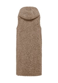Gilet senza maniche di colore beige, realizzato in materiale morbido e peloso con cappuccio. La trama è soffice e pelosa, rivestendo completamente il capo per offrirne calore.
