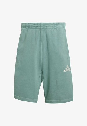 Zelene pamučne kratke hlače s elastičnim pojasom, sa šivenim rubovima i bijelim logotipom od tri pruge na lijevom bedru.