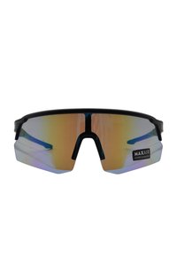 Occhiali da sole sportivi con montatura nera, lenti specchiate grandi con colori a gradiente e design elegante per una protezione UV400.