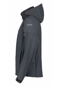 Veste de plein air grise avec capuche, présentant des zips jaunes, un design épuré et des poignets ajustables en Velcro. Fabriquée à partir d'un matériau lisse et durable.