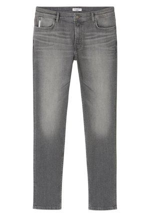 Slim-fit grey jeans with front button and zip closure, five pockets, and subtle faded detailing on thighs.