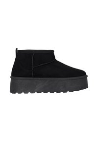 Botas de tobillo de ante negro con una suela de plataforma gruesa y texturizada, con un diseño de corte bajo y una lengüeta en la parte posterior.