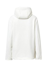 Weißer gerippten Fleece-Hoodie mit einer eng anliegenden Kapuze, langen Ärmeln und geradem Saum. Weiche Textur ohne sichtbare Verschlüsse oder Details.