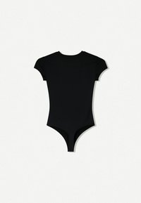 Svart kortärmad bodysuit tillverkad av elastiskt tyg, med en åtsittande design, rund halsringning och högskuren benöppning.