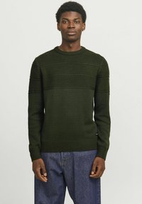 Pull en tricot vert foncé avec des motifs texturés, col rond, et ourlet et poignets côtelés. Associe avec un jean bleu.
