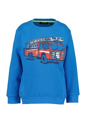 Sweat-shirt bleu pour enfants avec une illustration d'un camion de pompiers rouge comprenant une échelle et le texte « Fire Dept 7 » sur le côté.