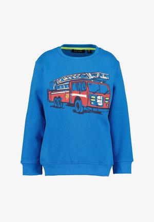 Sweat-shirt bleu pour enfants avec une illustration d'un camion de pompiers rouge comprenant une échelle et le texte « Fire Dept 7 » sur le côté.