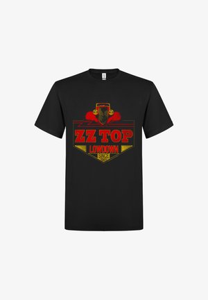Sort bomulds T-shirt med et grafisk design, hvor "ZZ TOP" og "LOWDOWN" står i fed rød og gul skrift over en vintage bil illustration.