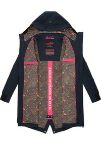 Navy waterproof jacket with a hood, featuring a colorful floral patterned lining and pink accents, two front pockets, and a zip closure.