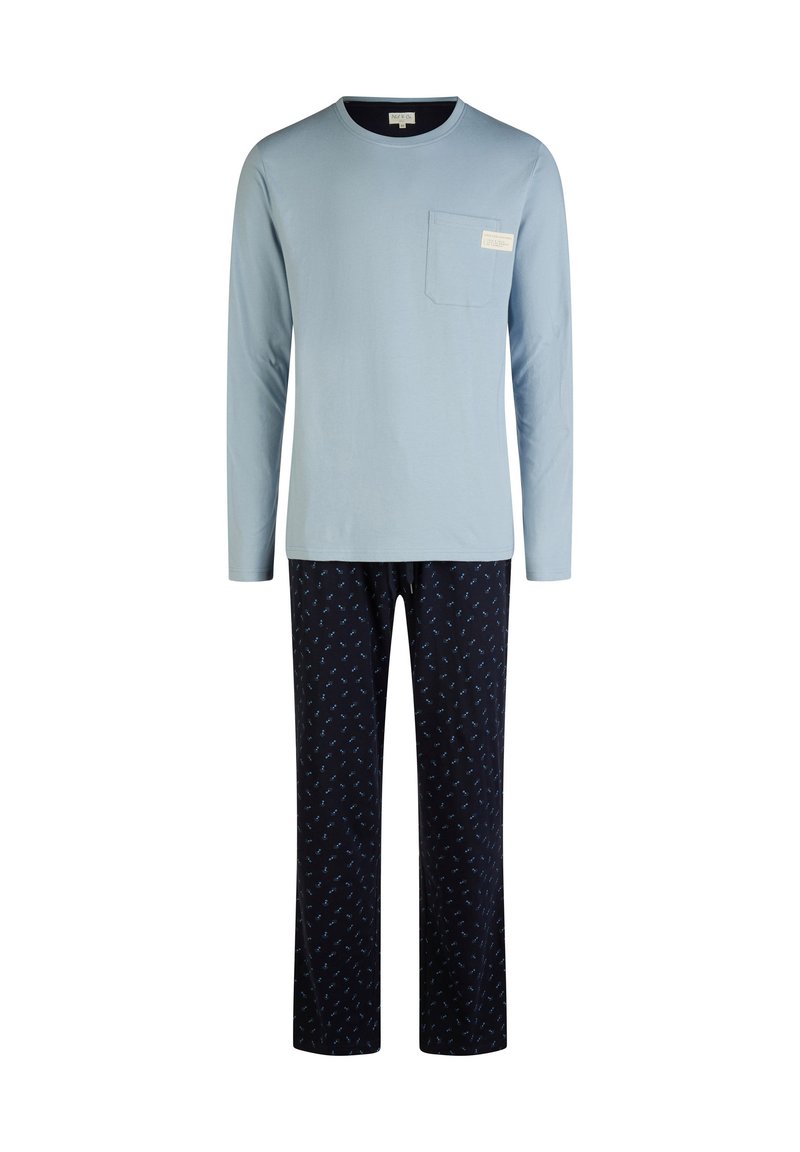 Lichtblauw longsleeve-shirt met een borstzak, gecombineerd met marineblauwe broek met een klein, herhalend blauw patroon. Zacht, casual materiaal.