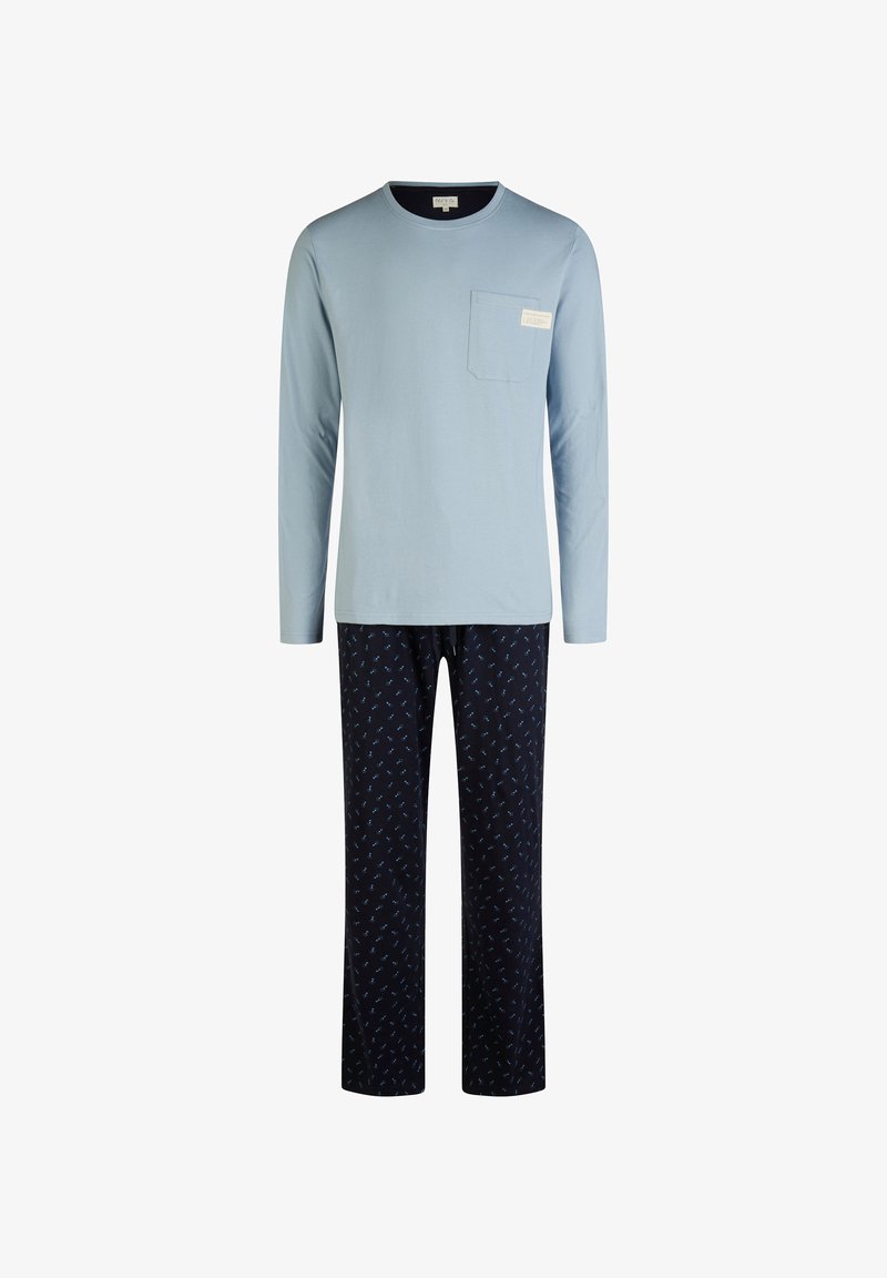 Lichtblauw longsleeve-shirt met een borstzak, gecombineerd met marineblauwe broek met een klein, herhalend blauw patroon. Zacht, casual materiaal.