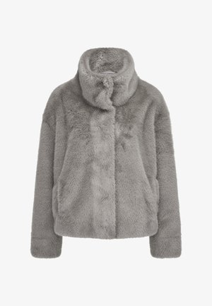 Graue Kunstfelljacke mit hohem Kragen, langen Ärmeln und zwei Fronttaschen. Weicher Stoff und lässige Passform. Keine sichtbaren Verschlüsse.