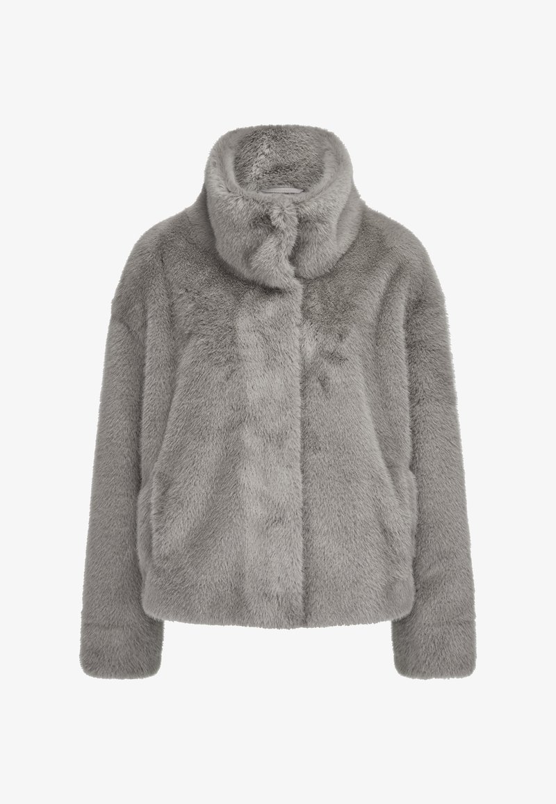 Graue Kunstfelljacke mit hohem Kragen, langen Ärmeln und zwei Fronttaschen. Weicher Stoff und lässige Passform. Keine sichtbaren Verschlüsse.