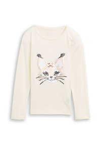 Crème lange mouwen shirt met een paillettenkat gezicht ontwerp in beige, zilver en zwart. Zacht materiaal met een ronde halslijn.