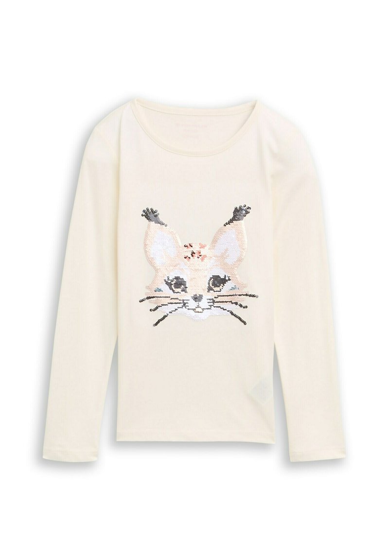 Crème lange mouwen shirt met een paillettenkat gezicht ontwerp in beige, zilver en zwart. Zacht materiaal met een ronde halslijn.
