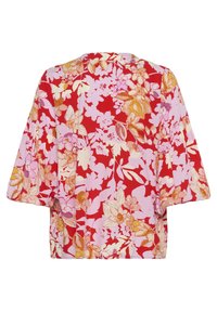 Gėlių bliusonė su trumpomis, plačiomis rankovėmis; raudonas fonas su rožinėmis, geltonomis ir oranžinėmis gėlių raštais; lengva medžiaga.