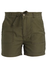 Olive green shorts made of a cotton blend, featuring an elastic waistband with a drawstring, front pockets, and folded cuffs.