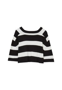 Gestreifter, schwarz-weißer, kürzer geschnittener Pullover mit weitem Halsausschnitt und Ärmeln bis zum Ellbogen, aus weichem Strickmaterial gefertigt.