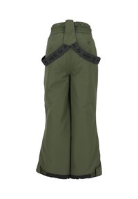 Groene waterdichte broek met verstelbare bretels, elastische tailleband en zwarte accenten bij de manchetten. Getextureerde stof voor duurzaamheid.