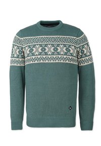 Green knitted sweater with a round neckline, featuring a cream-colored geometric pattern across the chest and ribbed cuffs and hem.