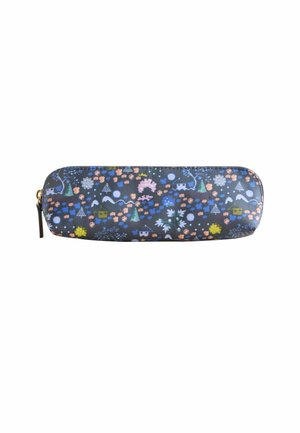 Blumiger Federmäppchen mit einem dunkelblauen Hintergrund, verziert mit bunten Blumen, Bäumen und Häusern in verschiedenen Pastelltönen; mit Reißverschluss.