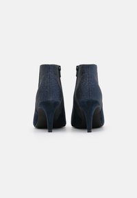 Dunkelblaue, hochhackige Stiefeletten mit einem glitzernden Obermaterial und einem samtigen unteren Abschnitt, ausgestattet mit einem Reißverschluss hinten und einem eleganten, spitzen Zehendesign.