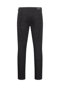 Schwarze Jeans aus Denim mit slim Fit, geradem Bein, zwei Gesäßtaschen und einem mittelhohen Bund. Glatte Textur, keine auffälligen Muster.