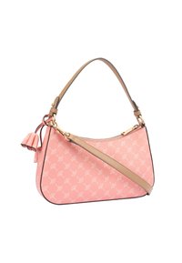 Borsa a tracolla rosa con motivo, realizzata in pelle, caratterizzata da una forma curva, hardware dorato, manico rotondo e tracolla staccabile.